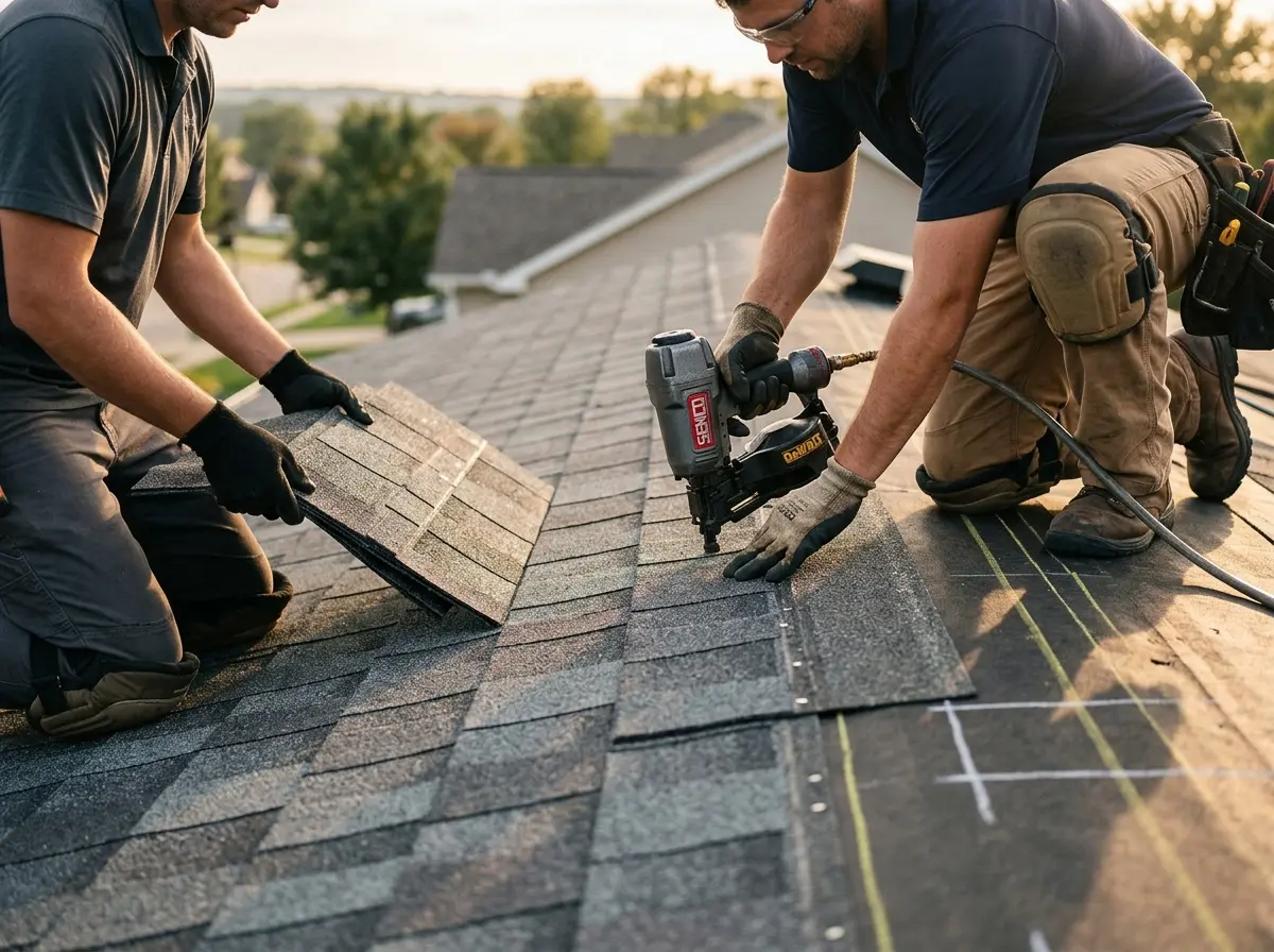 Professional roofer working on a residential roof in Waller